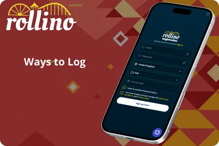 A smartphone displaying the Rollino Bookmaker login screen with options for email, phone number, social accounts, and biometric access, highlighting the platformโs secure and flexible sign-in methods