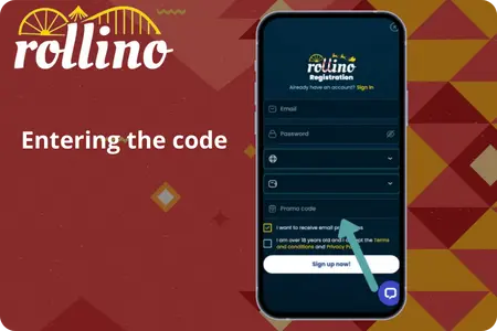Mobile phone showing Rollino promo code entry screen