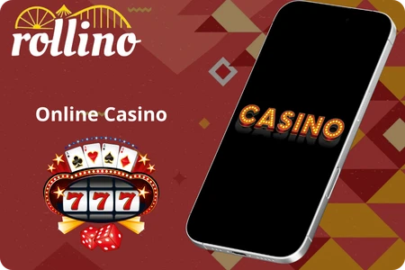A smartphone displaying a casino-themed Rollino screen beside the Rollino logo and slot imagery on a red geometric background, symbolizing the brandโs online casino offering